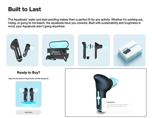 Image of sections of the Aquabuds website, including the model viewer, about section, and purchase section
