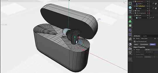Image of the Aquabud case being modelled in Cinema4D with an earbud not properly fitting into the case