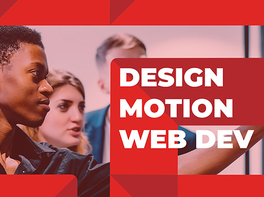 Styleframe of a red overlaid image of students working, covered by the Fanshawe logo and the words Design, Motion, and Web Dev over top