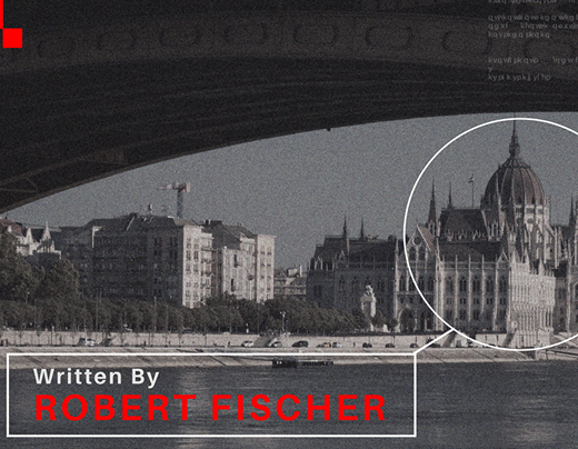 A stillframe from the final video portraying a government building with some motion graphics and a crew member name