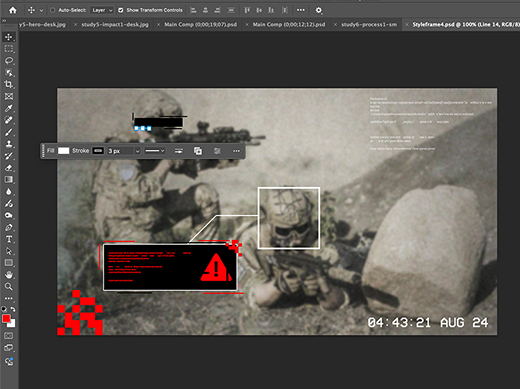 A screenshot of a Photoshop file where a styleframe of the title sequence is being created